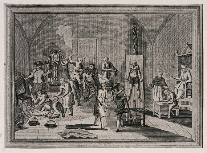 V0041650 The inside of a jail of the Spanish Inquisition, with a prie